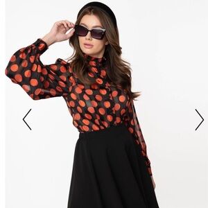 Smak Parlour Unique Vintage Polka Dot Sheer Blouse - Black and orange